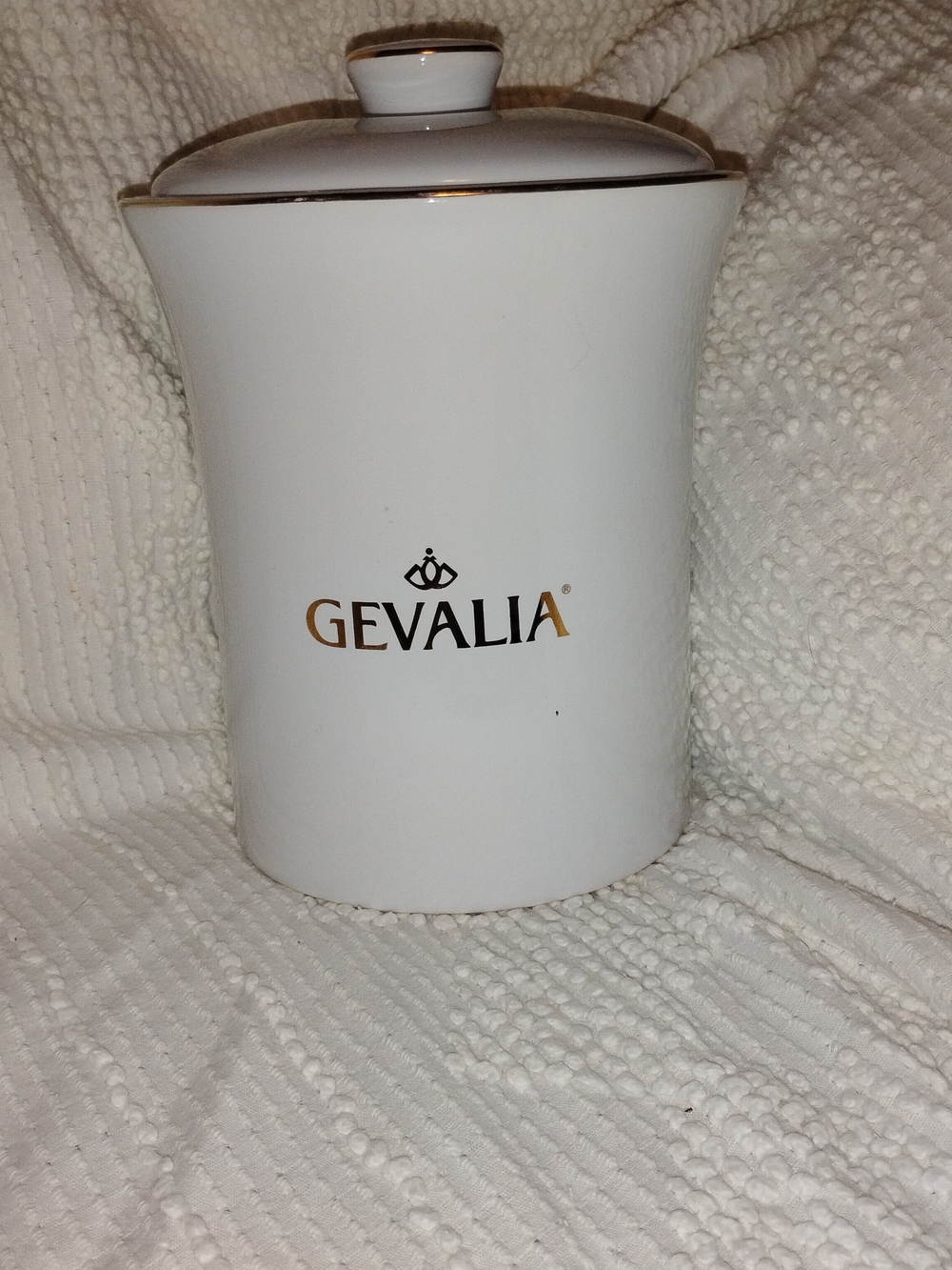 Gevalia White Ceramic Coffee Canister w/ Lid Gold Trim Kitchen Storage Jar